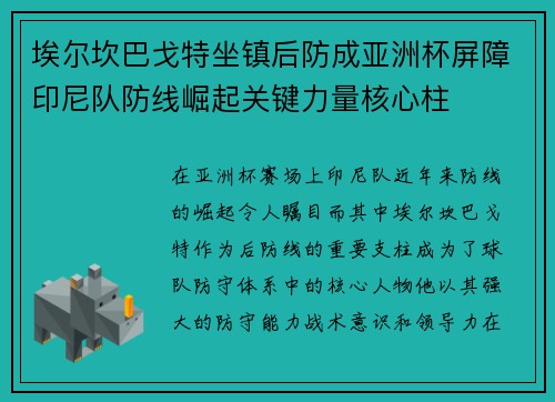 埃尔坎巴戈特坐镇后防成亚洲杯屏障印尼队防线崛起关键力量核心柱